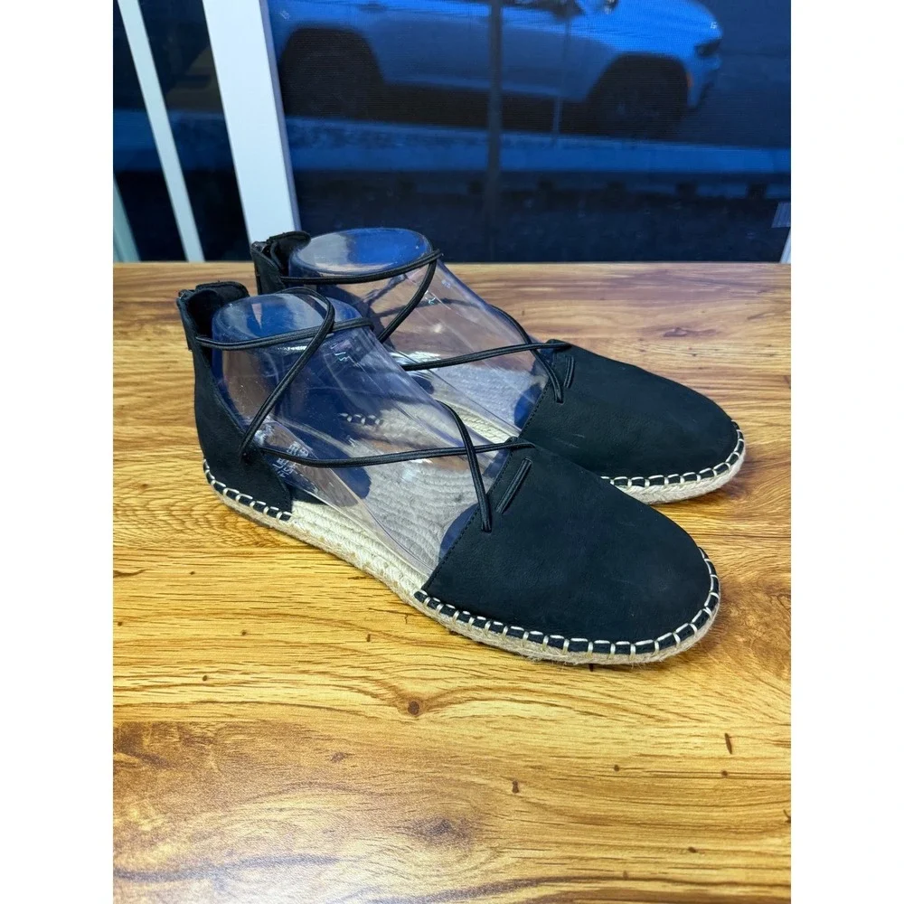 Eileen Fisher Black Lace Nubuck Lace Up Espadrille Flats Back Zip Size 8.5